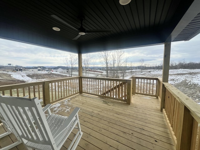 snow covered deck with ceiling fan