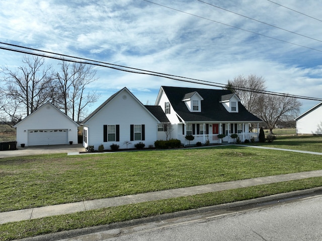 cape cod-style house featuring covered porch, a front lawn, and a garage