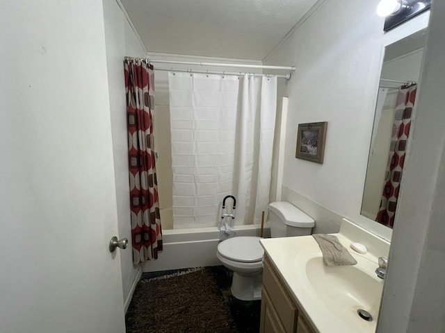 full bathroom featuring toilet, shower / bath combination with curtain, and vanity