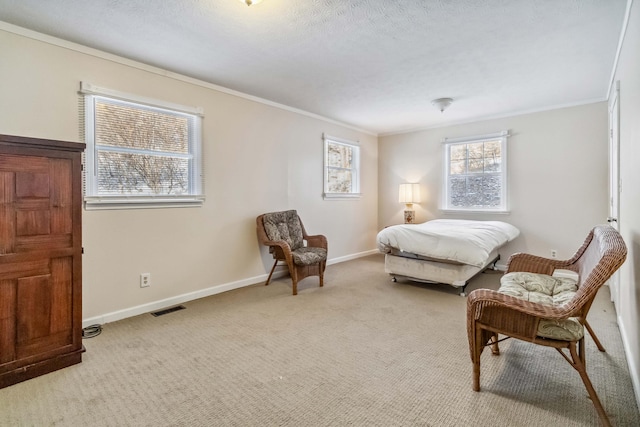 carpeted bedroom featuring ornamental molding