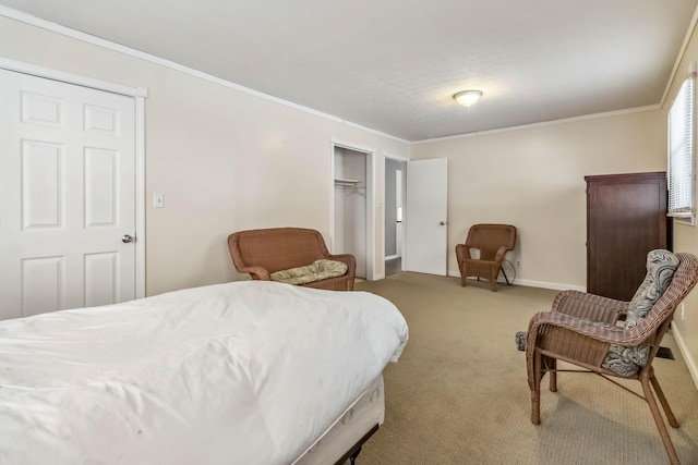 carpeted bedroom featuring ornamental molding