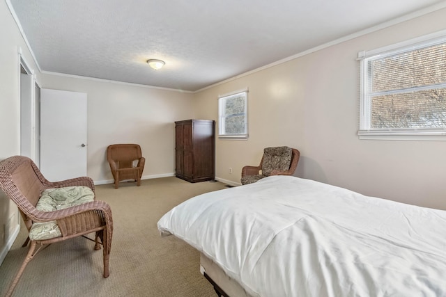 carpeted bedroom featuring ornamental molding