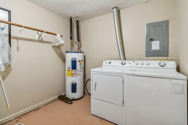 laundry room featuring washer and clothes dryer, a textured ceiling, electric water heater, and electric panel