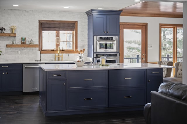 kitchen with sink, blue cabinetry, appliances with stainless steel finishes, dark hardwood / wood-style flooring, and decorative backsplash