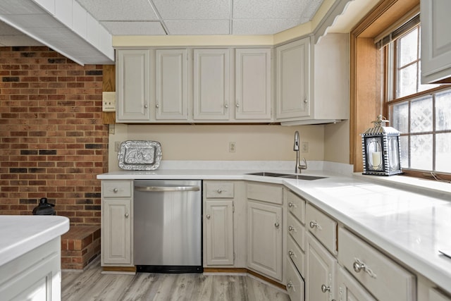 kitchen featuring dishwasher, sink, a drop ceiling, and light hardwood / wood-style flooring