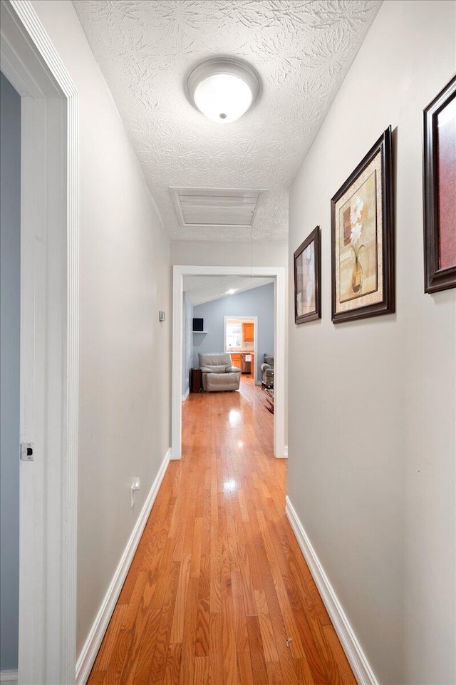 corridor featuring a textured ceiling and light hardwood / wood-style flooring