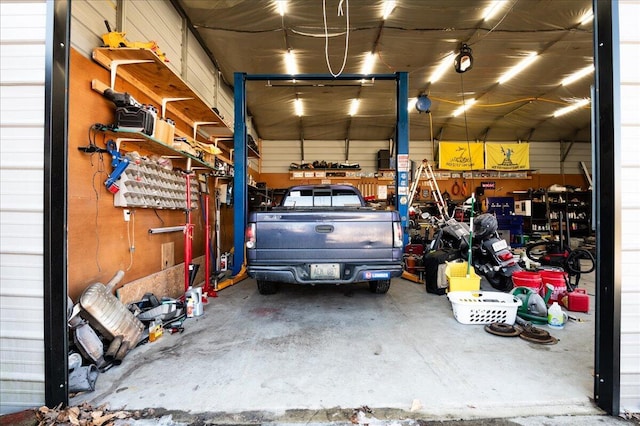 garage with a workshop area