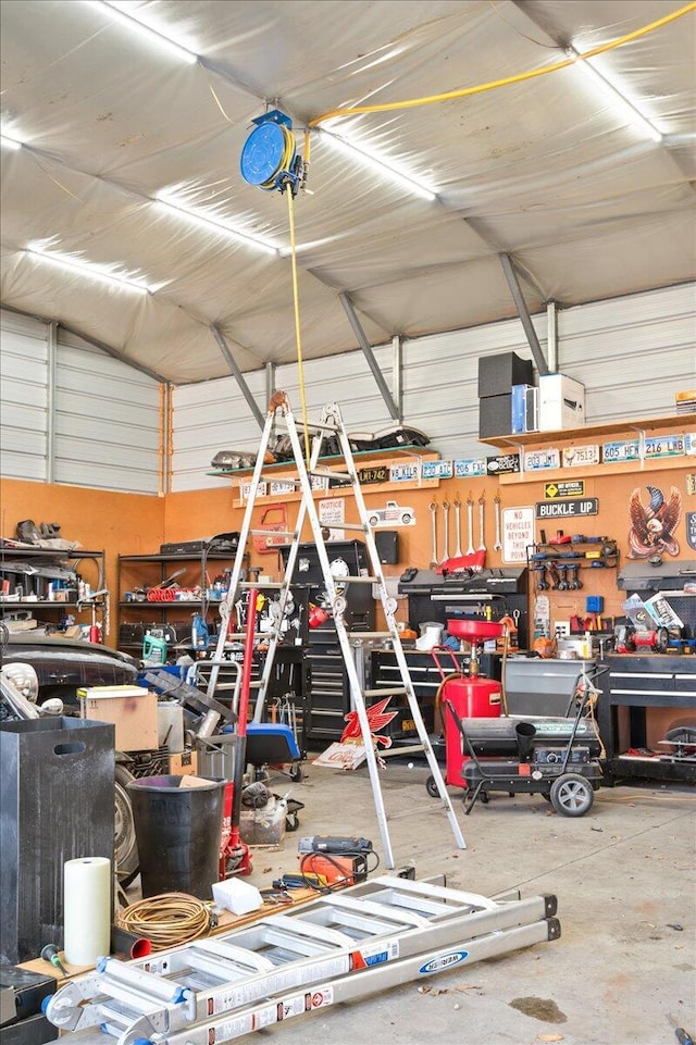 garage featuring a workshop area