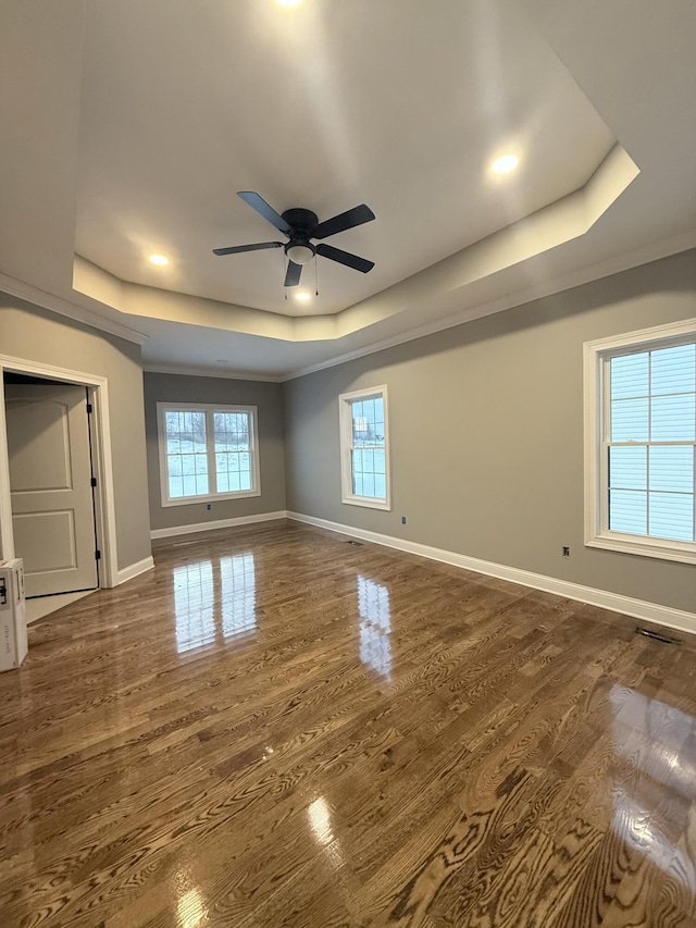 interior space featuring ceiling fan, a tray ceiling, and dark hardwood / wood-style floors