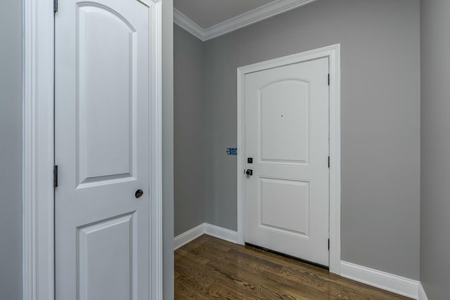 entryway featuring dark wood-type flooring and crown molding