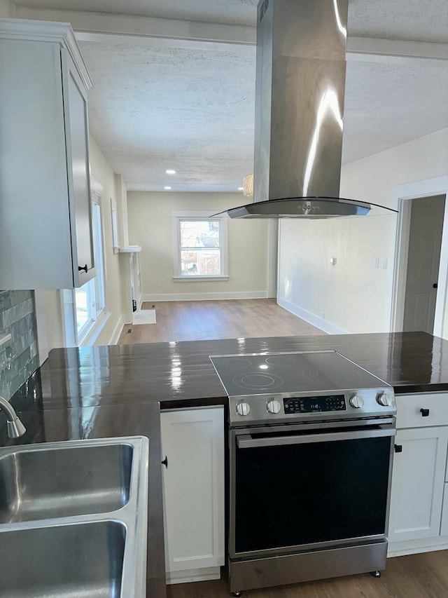 kitchen with white cabinetry, island exhaust hood, stainless steel electric stove, and sink