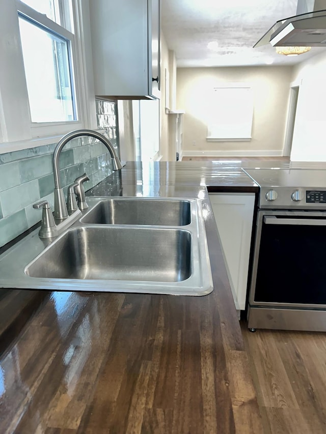 kitchen featuring stainless steel electric range oven, sink, backsplash, dark hardwood / wood-style flooring, and exhaust hood