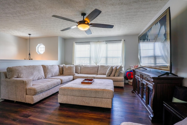 living room with ceiling fan, dark wood-type flooring, and a textured ceiling