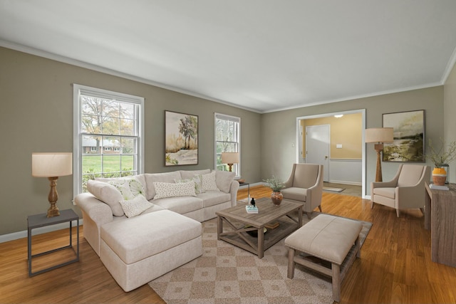 living room with ornamental molding, a healthy amount of sunlight, and hardwood / wood-style floors