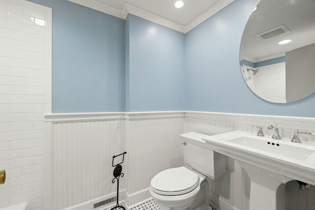 bathroom with sink, tile patterned floors, ornamental molding, and toilet