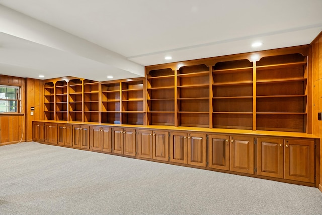 carpeted empty room with built in shelves and wood walls