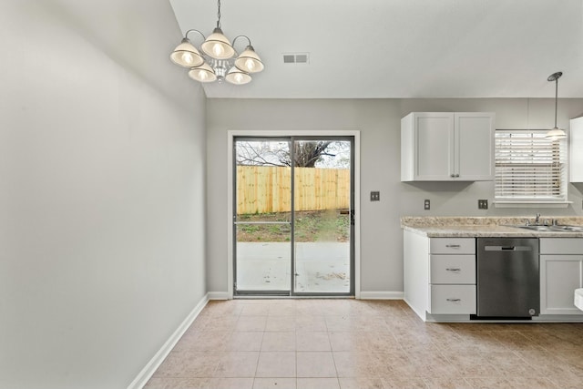 kitchen featuring an inviting chandelier, decorative light fixtures, dishwasher, and white cabinets