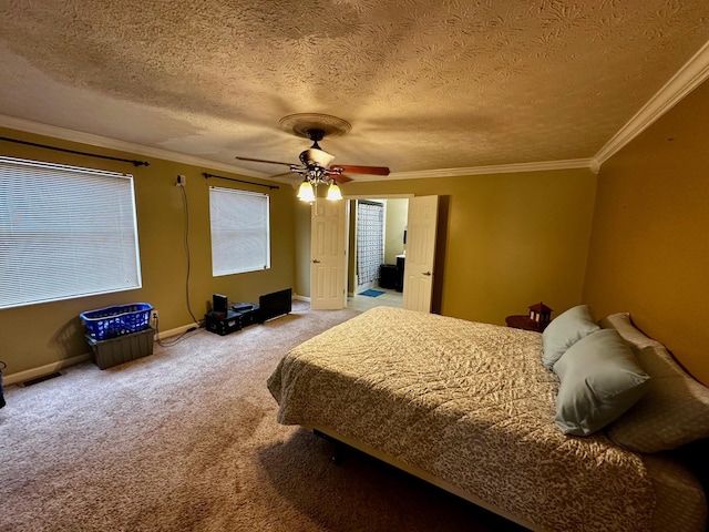 carpeted bedroom featuring crown molding, a textured ceiling, and ceiling fan