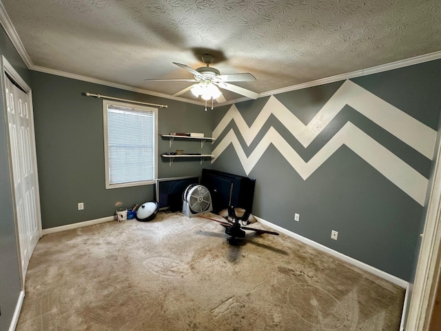 miscellaneous room with crown molding, carpet floors, and a textured ceiling