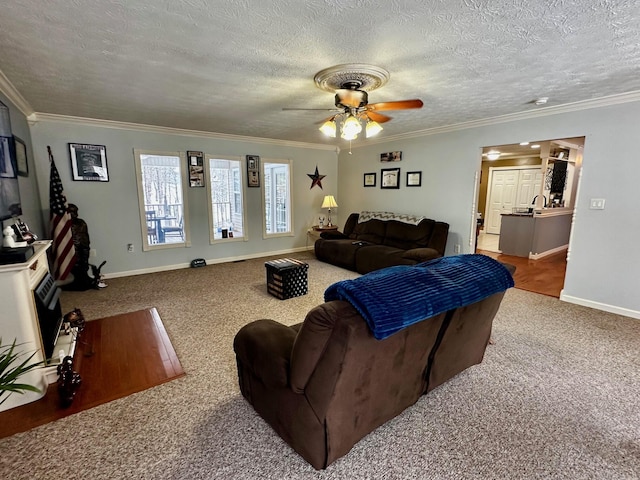 carpeted living room featuring ornamental molding, a textured ceiling, and ceiling fan