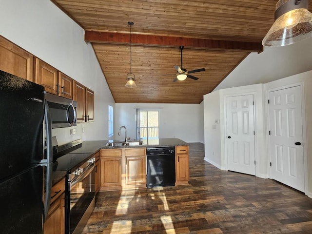 kitchen featuring sink, beam ceiling, dark hardwood / wood-style floors, black appliances, and decorative light fixtures