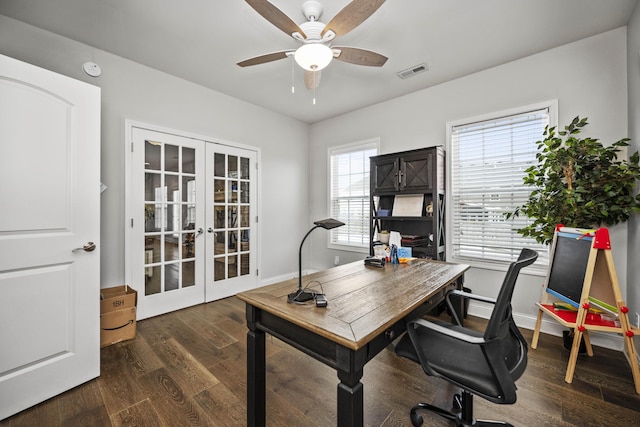 home office featuring dark hardwood / wood-style flooring, french doors, and ceiling fan