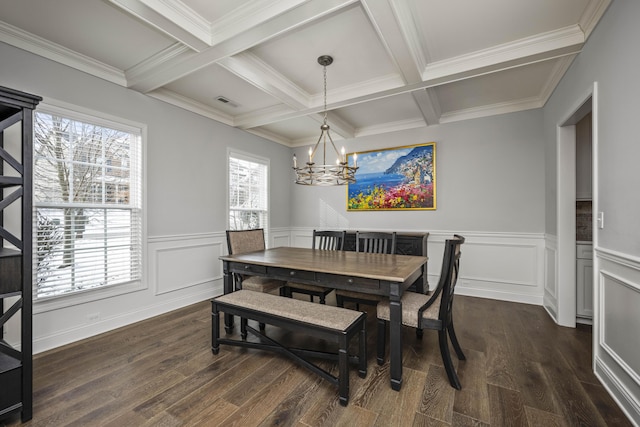 dining room with dark wood-type flooring, coffered ceiling, ornamental molding, a notable chandelier, and beamed ceiling