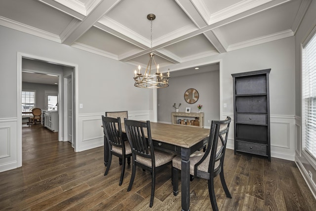 dining space with coffered ceiling, beam ceiling, and dark wood-type flooring