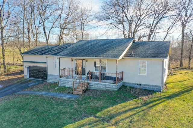 single story home with a garage, a front yard, and a porch