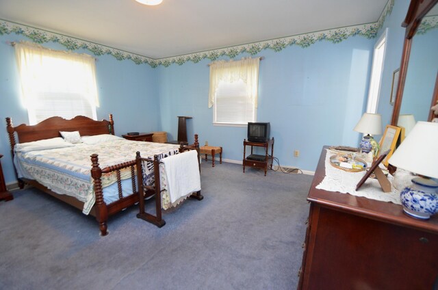 bedroom with dark colored carpet