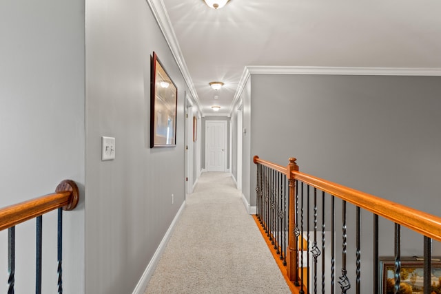 corridor with ornamental molding and light colored carpet