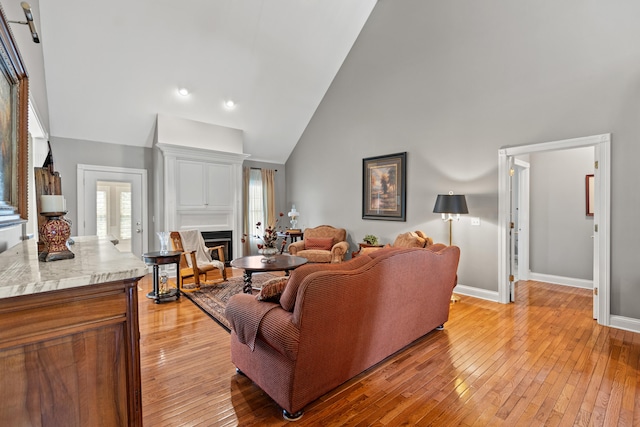 living room with high vaulted ceiling and light hardwood / wood-style floors