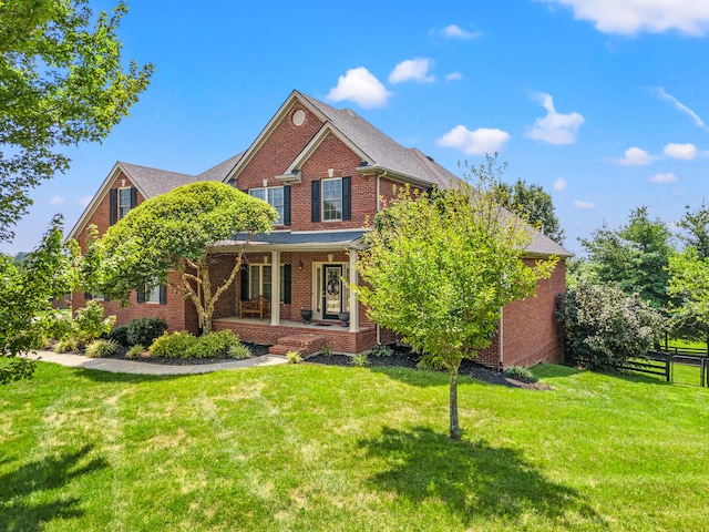 view of front of home featuring a front yard and covered porch