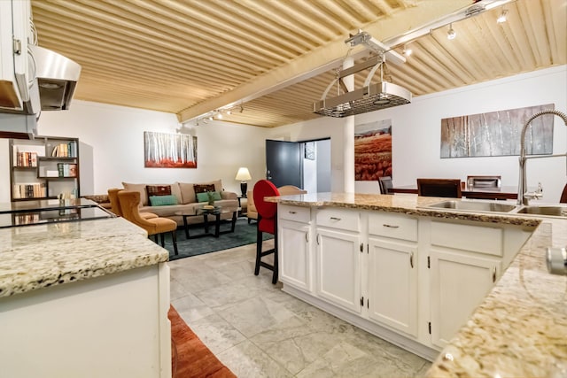 489 Sally J Rd, Mount Vernon, KY 40456 - kitchen featuring a sink, rail lighting, open floor plan, white cabinetry, and light stone counters