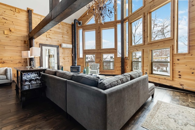489 Sally J Rd, Mount Vernon, KY 40456 - living area featuring a wood stove, wooden walls, dark wood-style flooring, and high vaulted ceiling