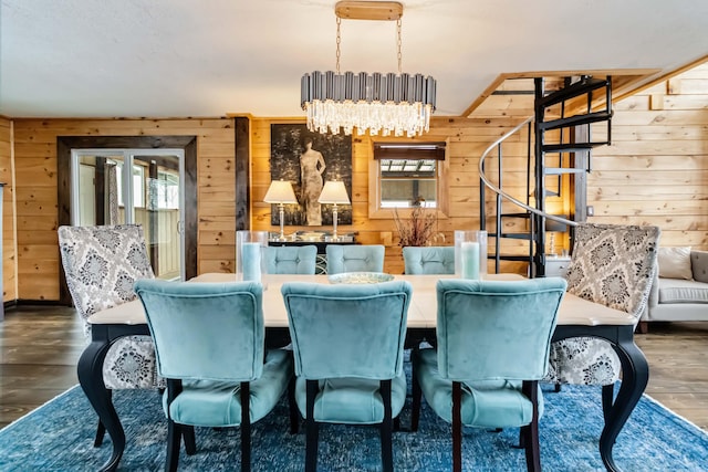 489 Sally J Rd, Mount Vernon, KY 40456 - dining area with wood walls, a chandelier, wood finished floors, and stairway
