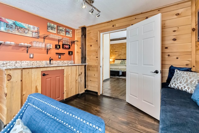 489 Sally J Rd, Mount Vernon, KY 40456 - indoor wet bar featuring wood walls, dark wood-style flooring, and a textured ceiling