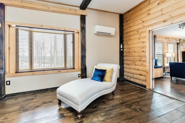 489 Sally J Rd, Mount Vernon, KY 40456 - sitting room with a wall unit AC, hardwood / wood-style floors, and log walls