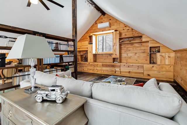 489 Sally J Rd, Mount Vernon, KY 40456 - living room featuring wood walls, ceiling fan, and wood finished floors