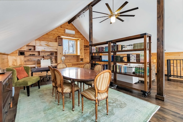 489 Sally J Rd, Mount Vernon, KY 40456 - dining room with wood walls, wood finished floors, and a ceiling fan