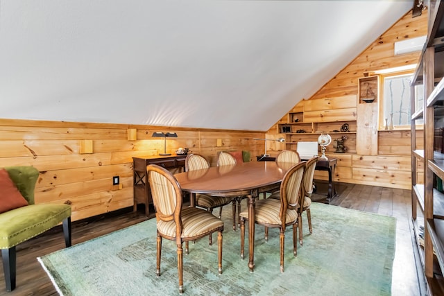 489 Sally J Rd, Mount Vernon, KY 40456 - dining space with wooden walls, lofted ceiling, and hardwood / wood-style flooring