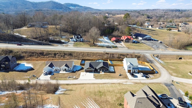 birds eye view of property featuring a mountain view