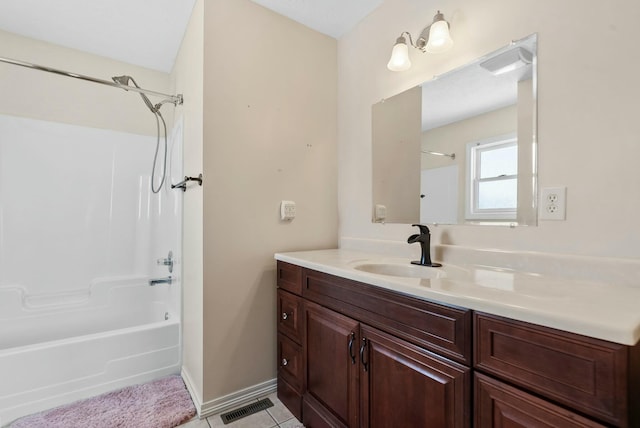 bathroom featuring vanity, shower / bath combination, and tile patterned flooring