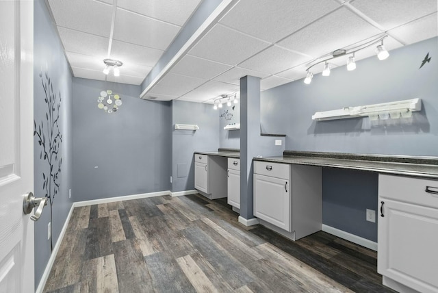 interior space with dark wood-type flooring and track lighting