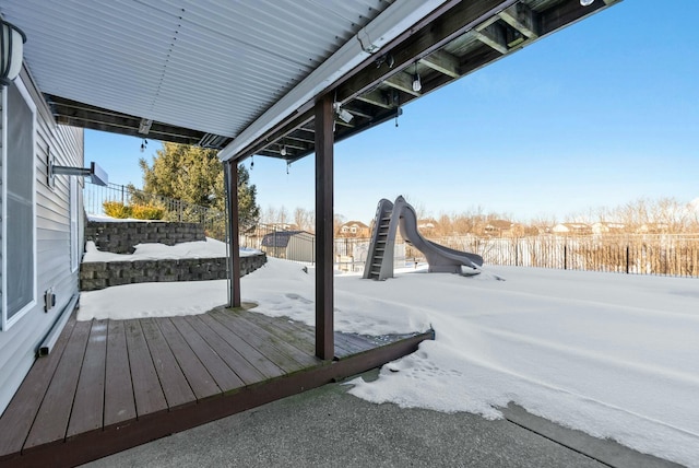 view of snow covered deck