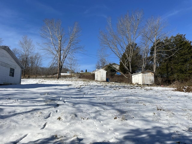 yard layered in snow with a storage unit