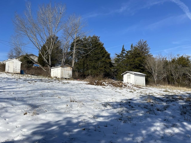 yard covered in snow featuring a storage unit