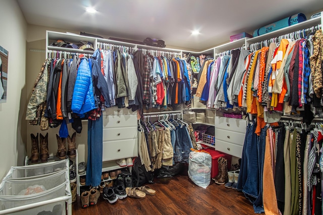 walk in closet featuring dark wood-type flooring