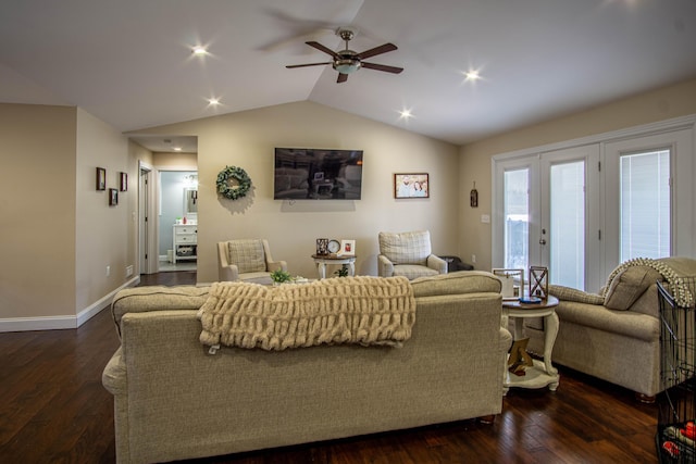 living room with ceiling fan, lofted ceiling, and dark hardwood / wood-style flooring