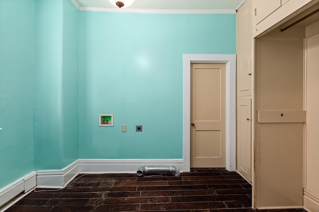 laundry area featuring electric dryer hookup, hookup for a washing machine, and ornamental molding